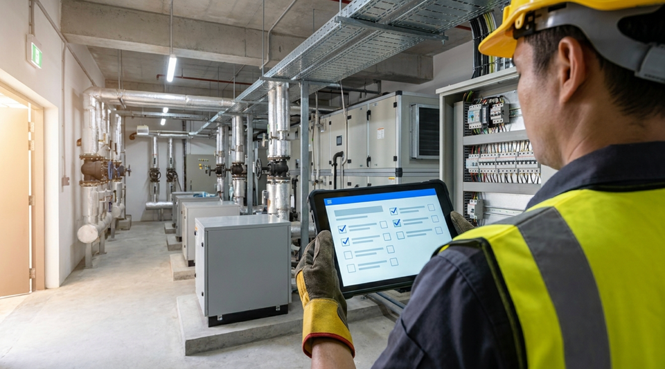 A technician in a plant room completing an inspection checklist on a tablet